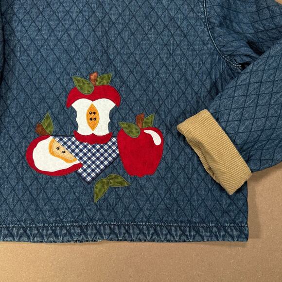 Vintage Quilted Denim Jacket With Corduroy Collar And Apple Patches Sz Large - Picture 5 of 8